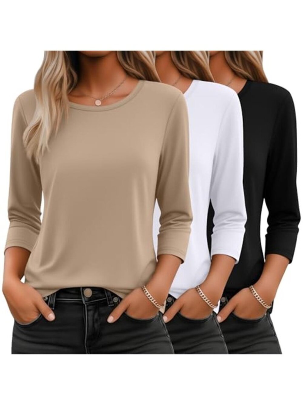 Women's 3 Pack 3/4 Sleeve Tops T Shirts Round Neck Dressy Basics Tees